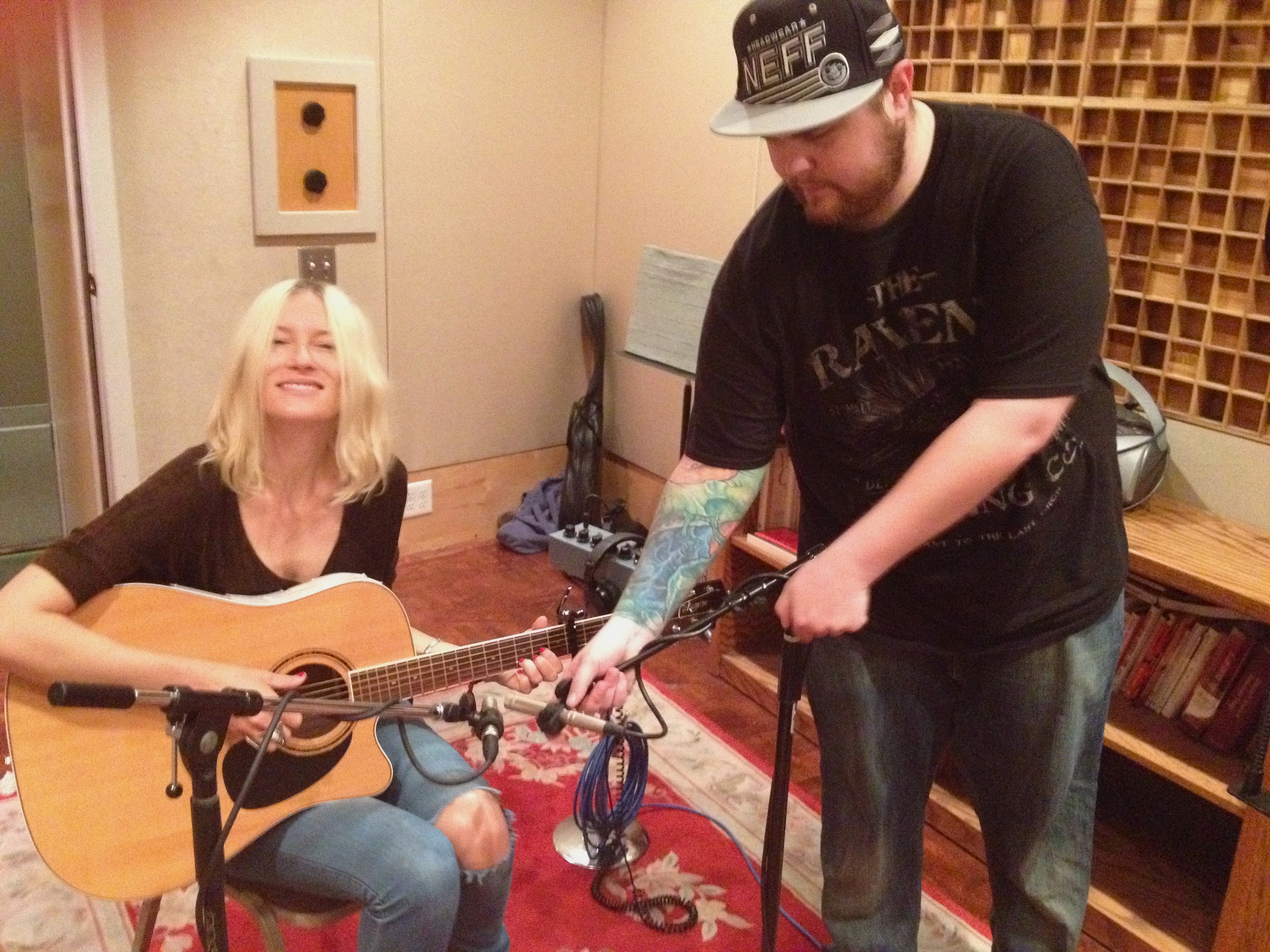 Engineer Kris Hoffman setting up for tracking Artist/Songwriter Molly Jenson for Quirky Pop disc