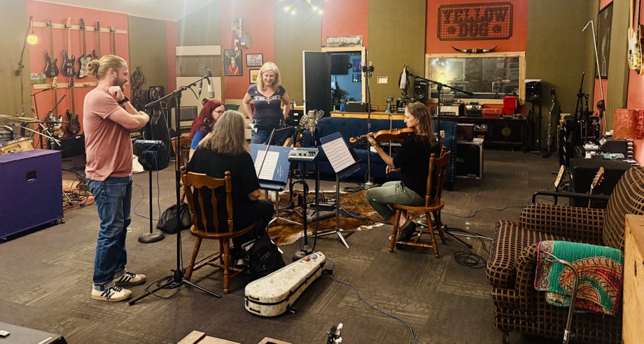 Musicians during a studio recording session